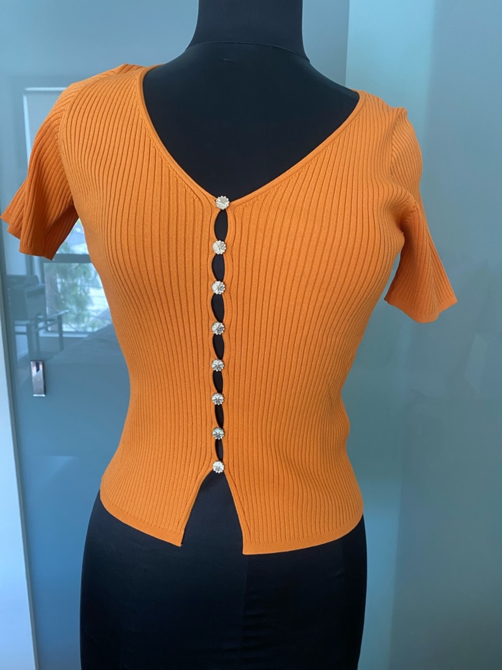 Sandro Orange Ribbed Short-Sleeve Button-Front Crop Top